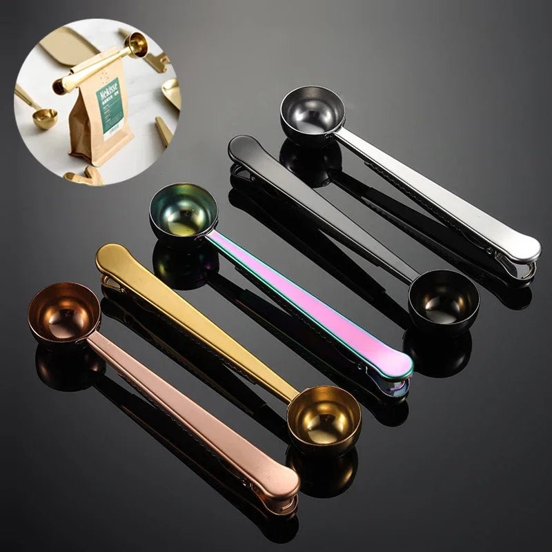 Set of metallic measuring spoons in various colors on a dark surface.