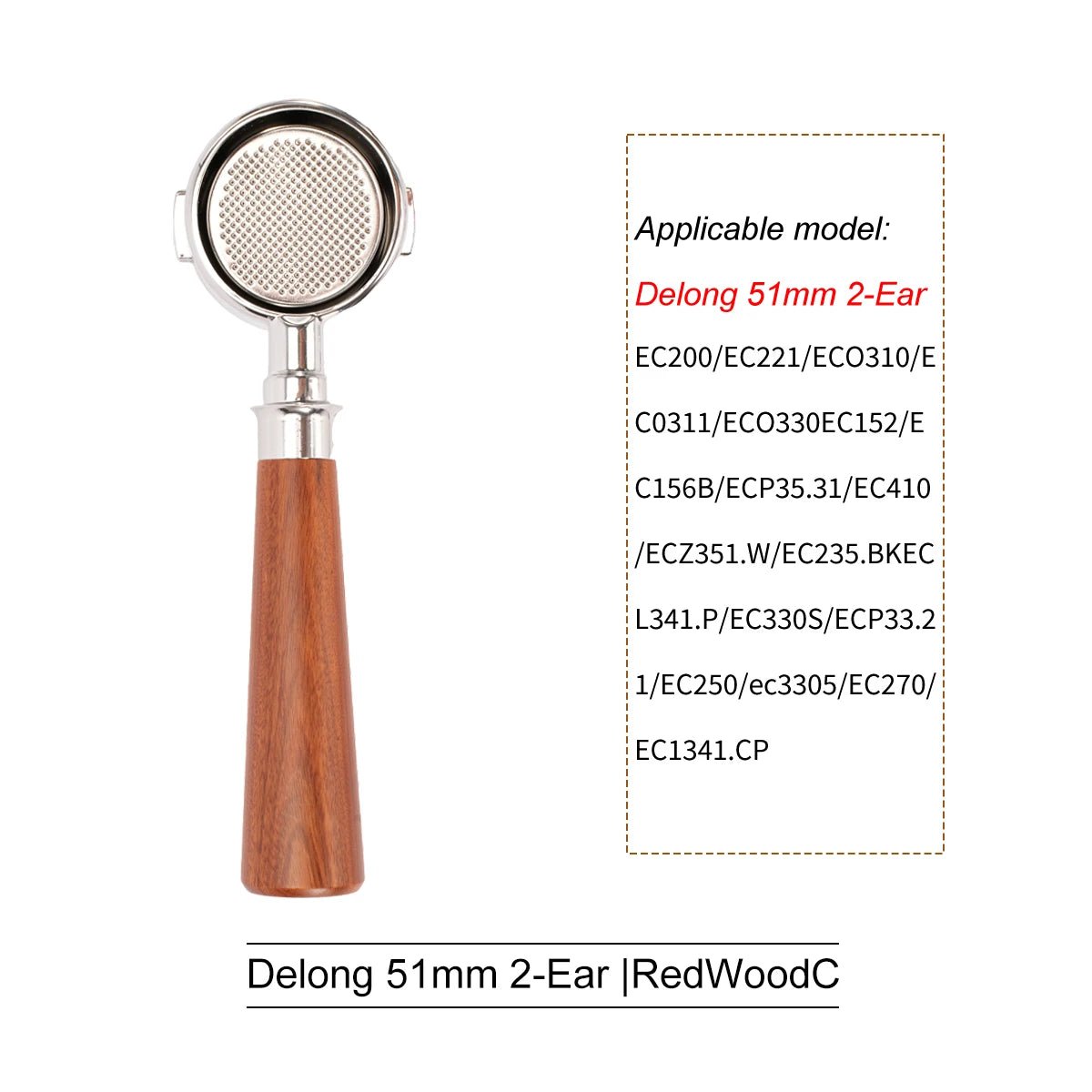 Wood-handled portafilter next to list of compatible models