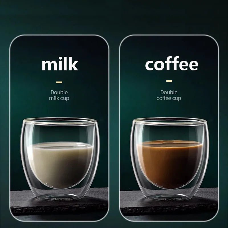 Two glass cups labeled 'milk' and 'coffee' with dark green background