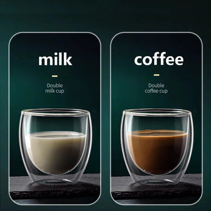 Two glass cups labeled 'milk' and 'coffee' with dark green background