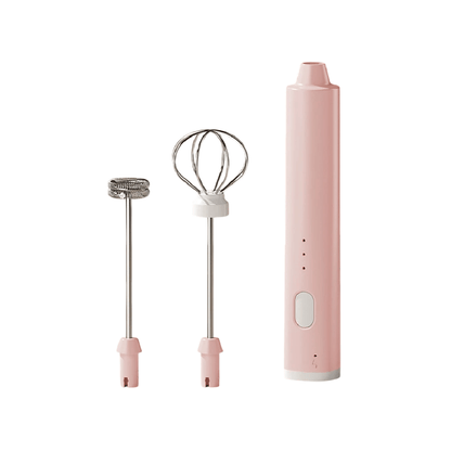 Pink handheld electric mixer with attachments on a white background