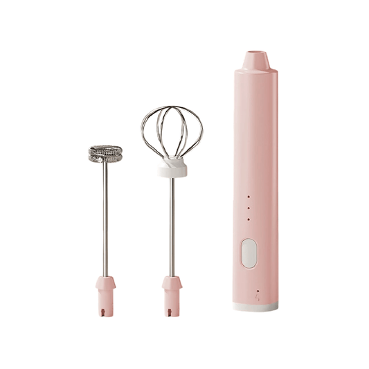 Pink handheld electric mixer with attachments on a white background