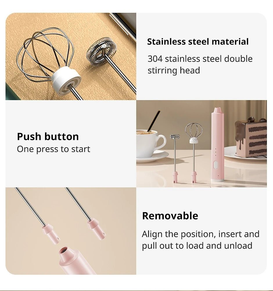 Stainless steel whisk with push button and removable design on a white background