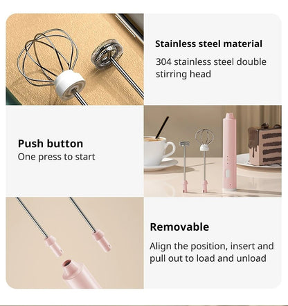 Stainless steel whisk with push button and removable design on a white background