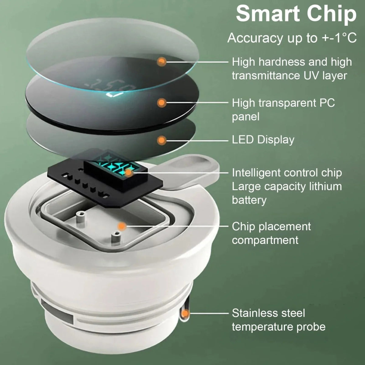 Diagram of a smart chip with labeled components on a green background