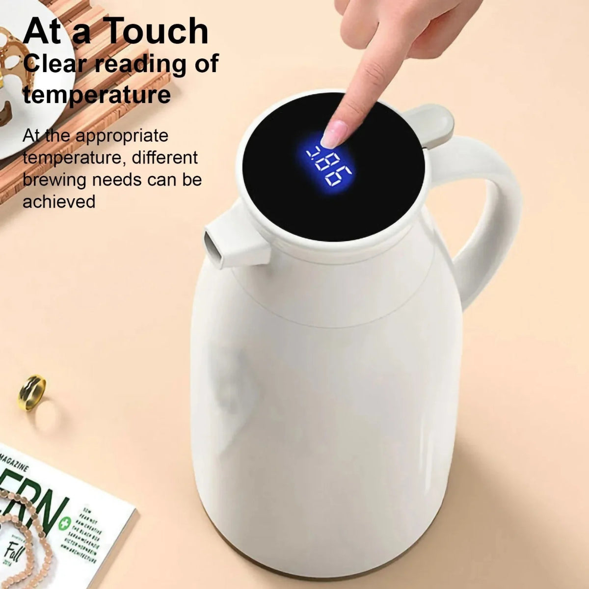 White digital temperature control device with a digital display on a beige background