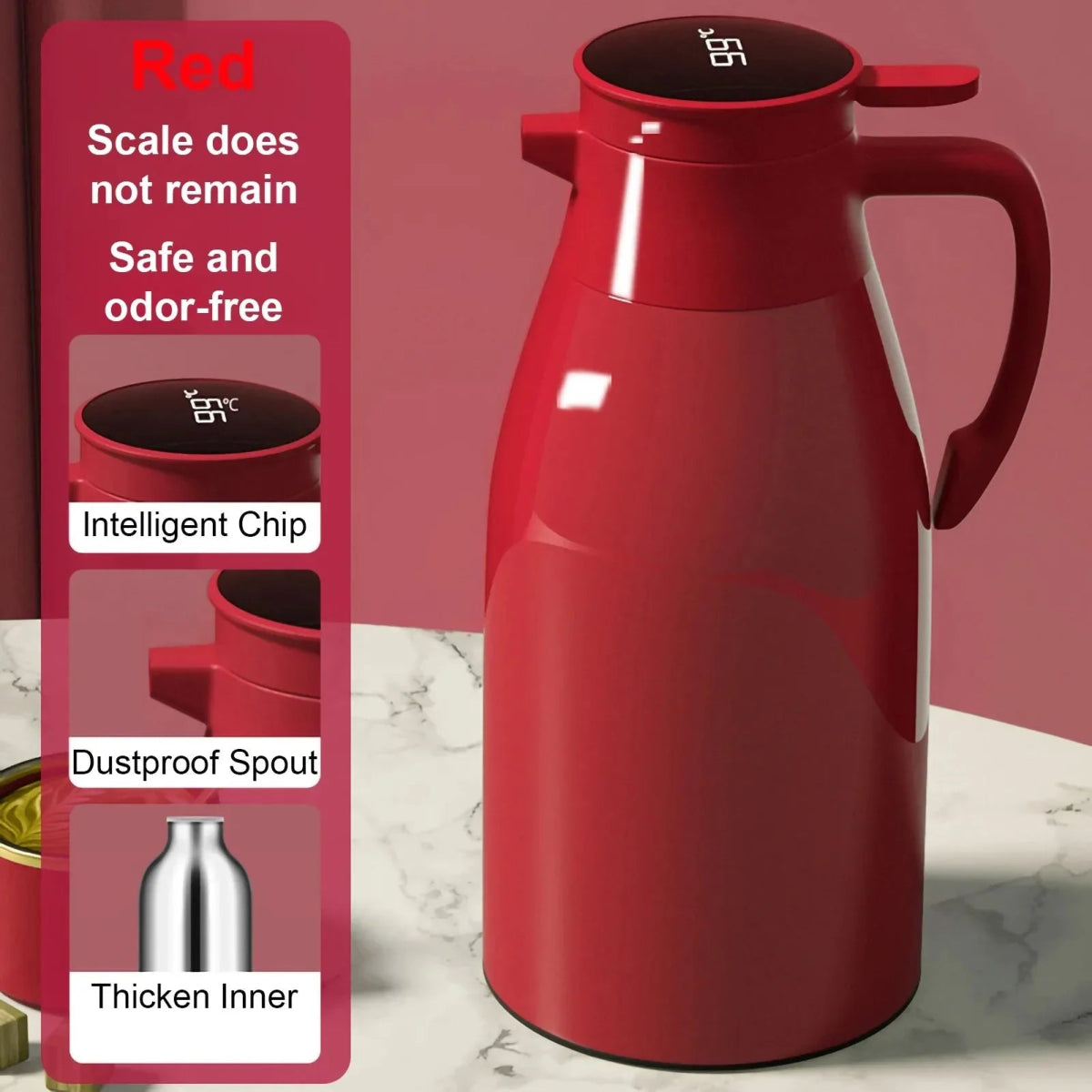 Red thermos with features listed on a pink background