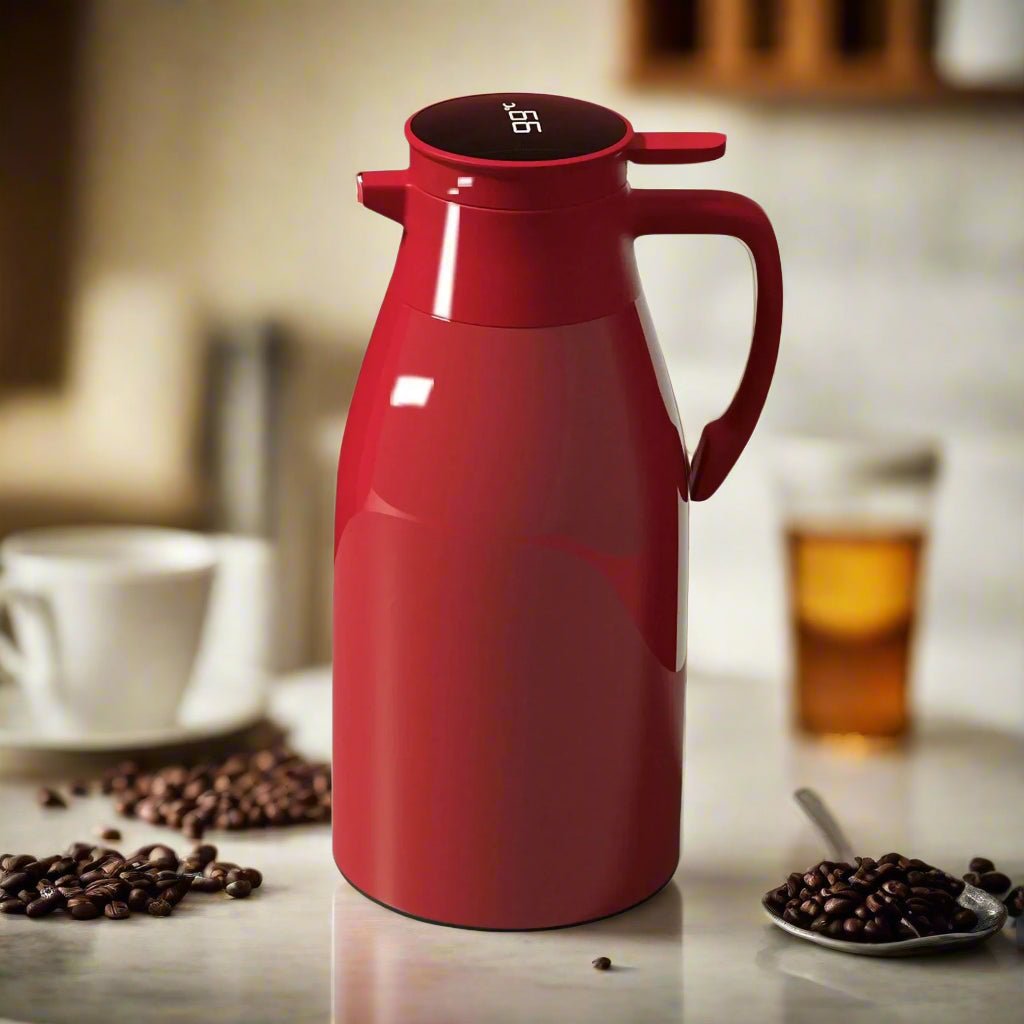 Red thermos with digital display on a kitchen counter with coffee beans and a cup.