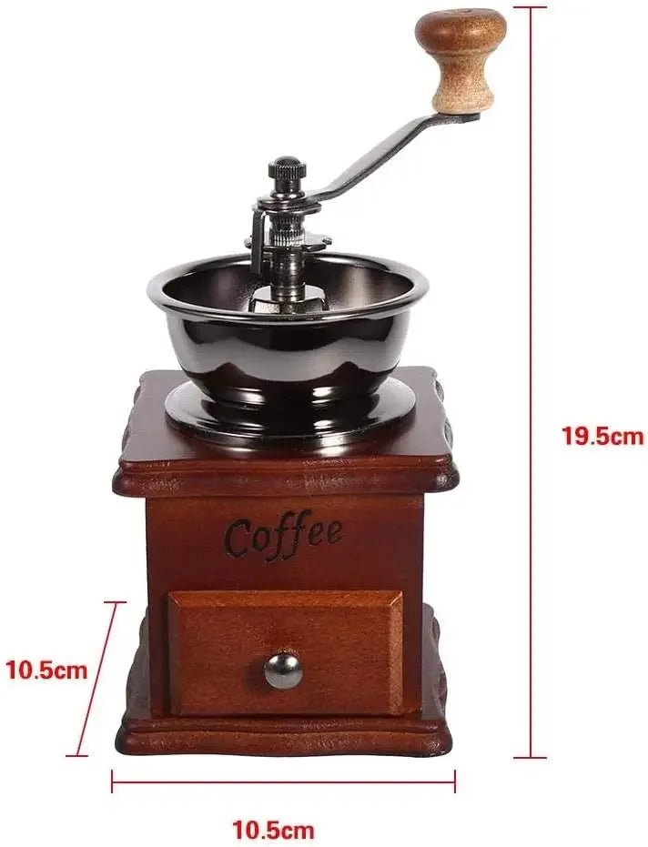 Manual coffee grinder with wooden handle and base, showing dimensions on a white background.
