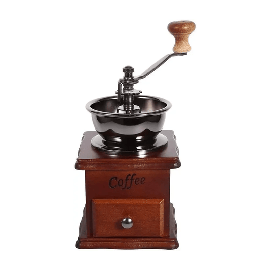 Manual coffee grinder with wooden handle and base on a white background