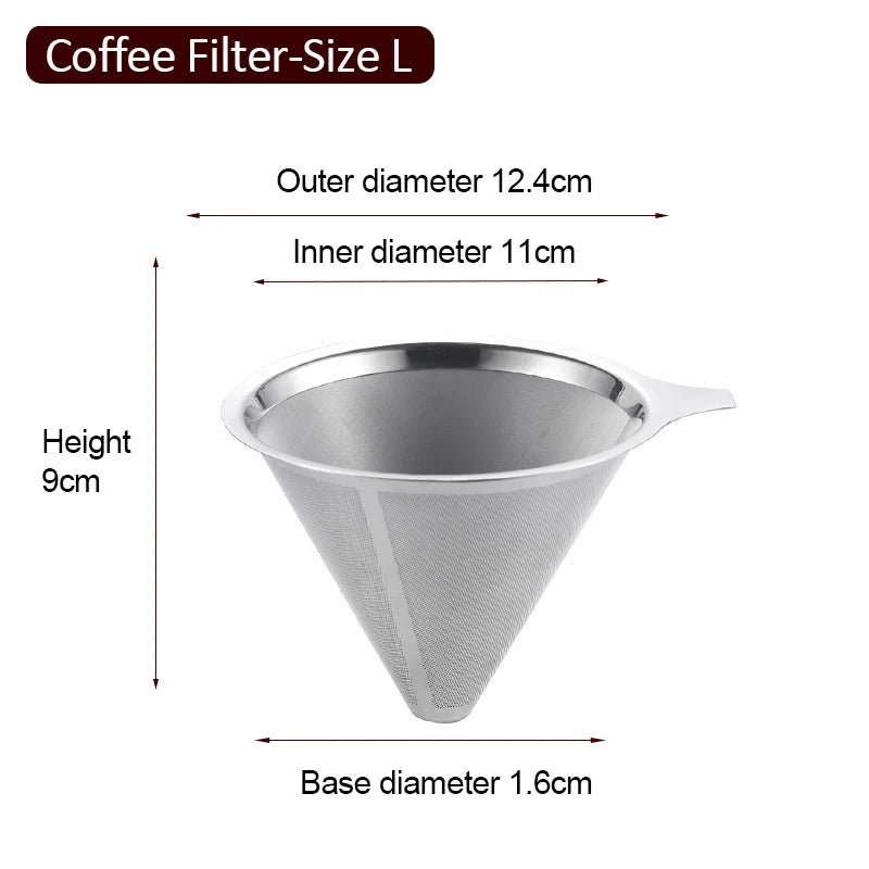 Stainless steel coffee filter with dimensions on a white background