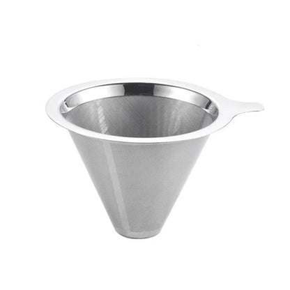 Stainless steel coffee filter cone on a white background