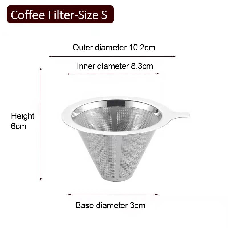 Stainless steel coffee filter with dimensions on a white background
