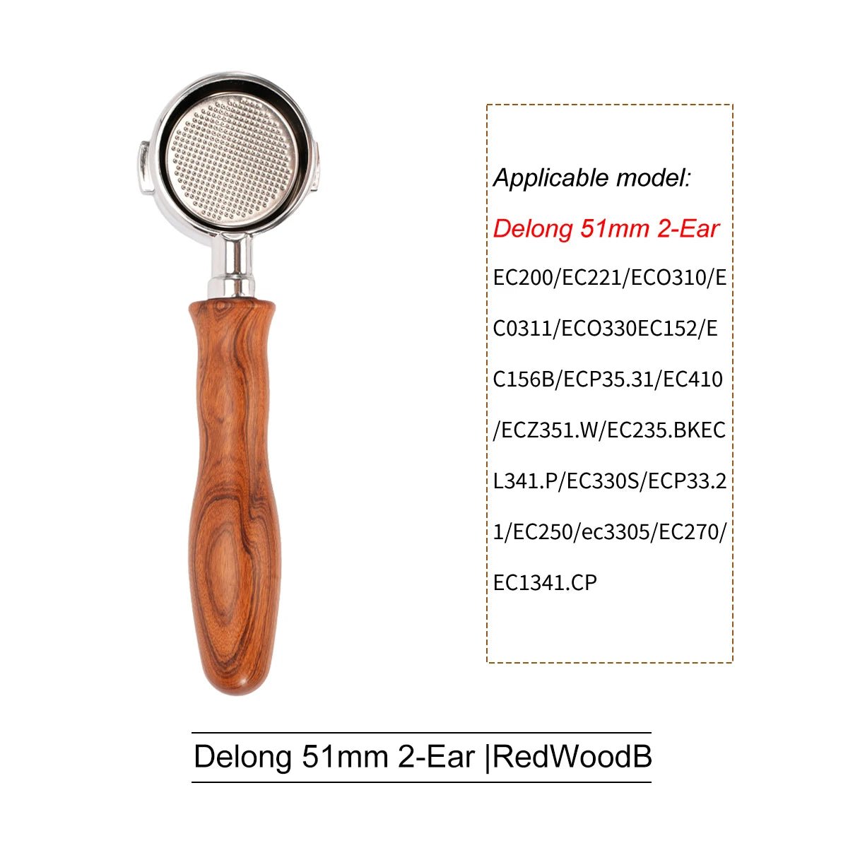 Wood-handled portafilter next to list of compatible models