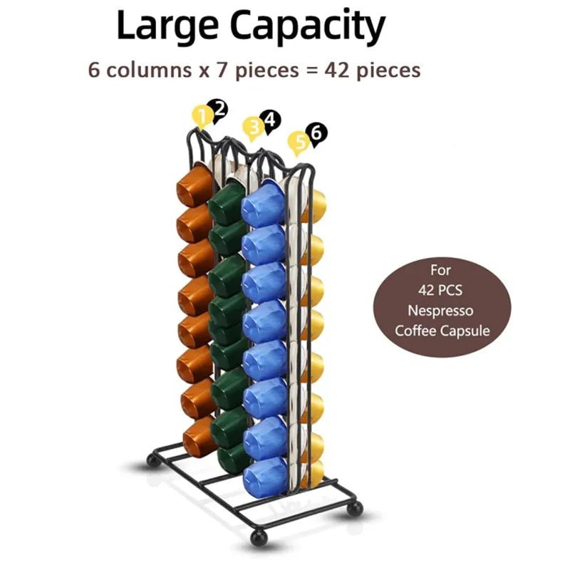 Coffee capsule organizer with 42 compartments for Nespresso capsules on a white background