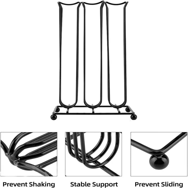 Black metal stand with stability features on a white background