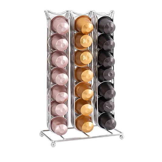 Clear plastic stand with coffee capsules in various colors on a white background