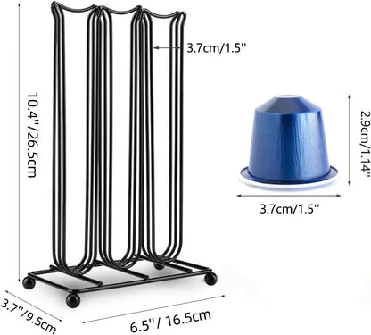 Black metal stand with dimensions labeled, featuring a blue coffee pod on a white background.