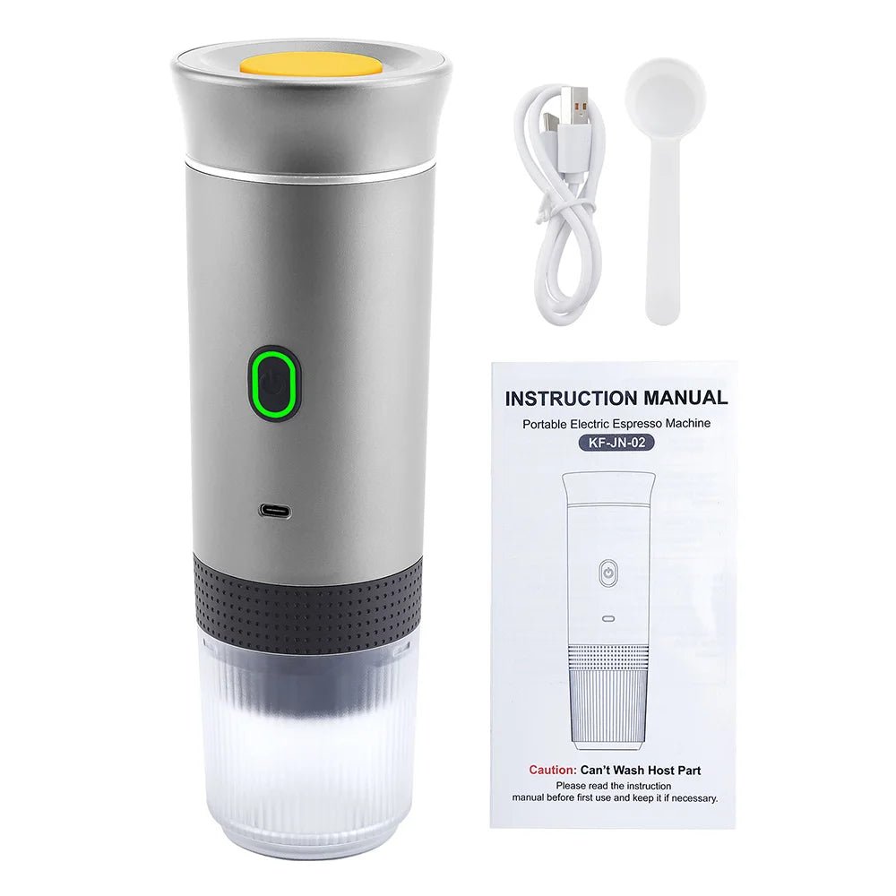 Portable electric espresso machine with USB cable and instruction manual on a white background