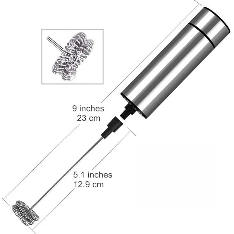 Stainless steel milk frother with attachments and measurements on a white background