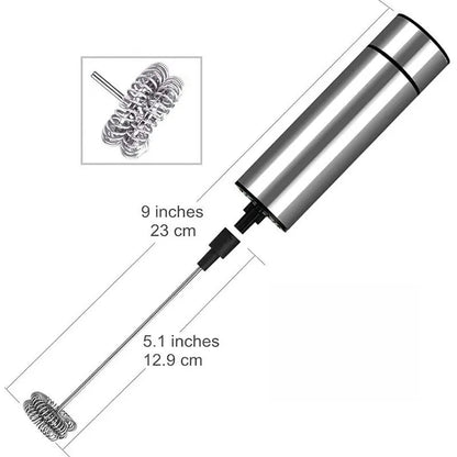 Stainless steel milk frother with attachments and measurements on a white background