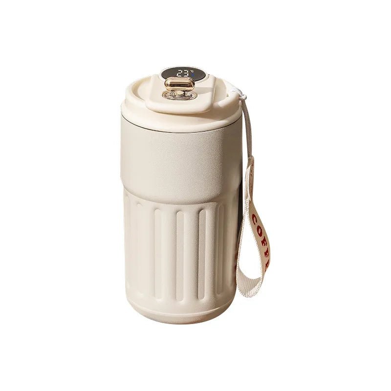 White thermos with a strap on a white background