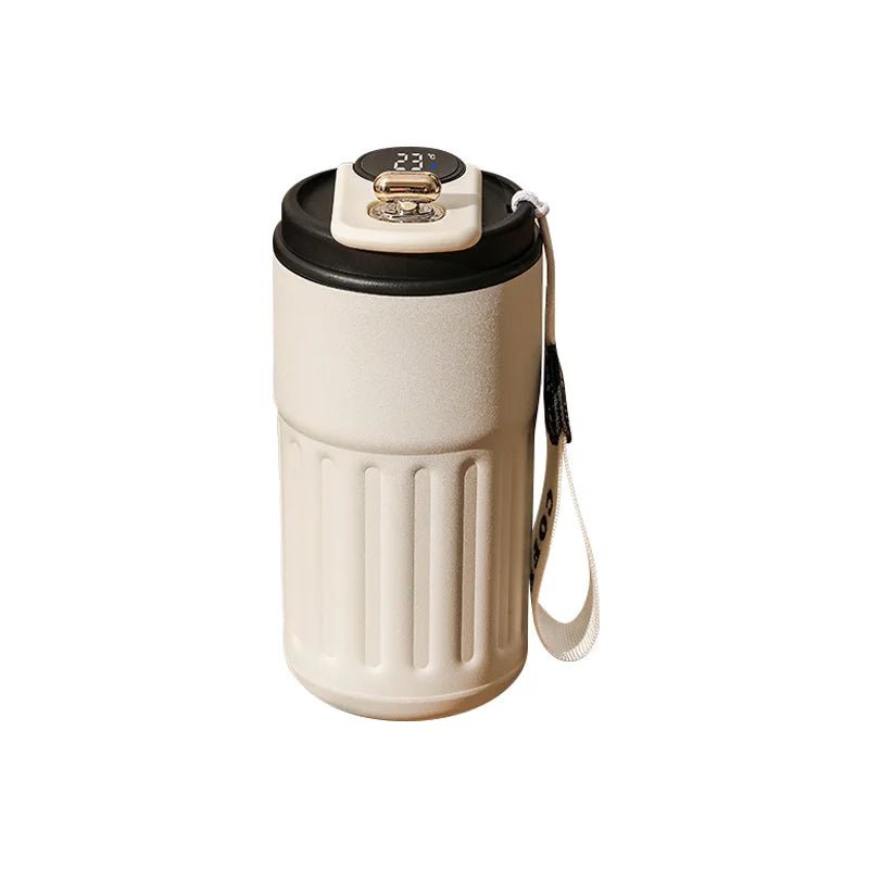 White tumbler  with black lid and handle on a white background