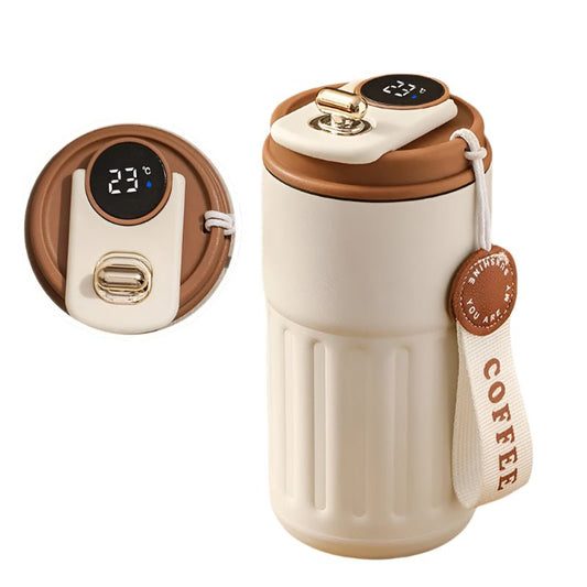 Beige and brown thermos with digital temperature display on a white background