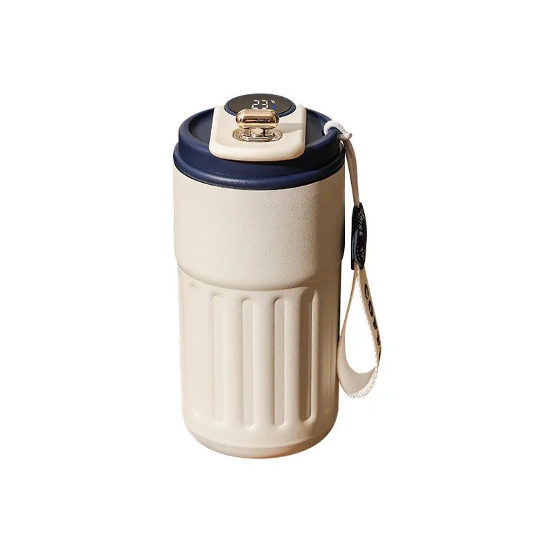 White and navy blue thermos with a strap on a white background