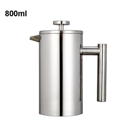 Stainless steel French press coffee maker on a white background with '800ml' text.