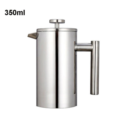 Stainless steel French press with a handle on a white background, labeled '350ml'.