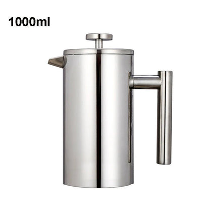 Stainless steel French press coffee maker with a handle on a white background, labeled '1000ml'.