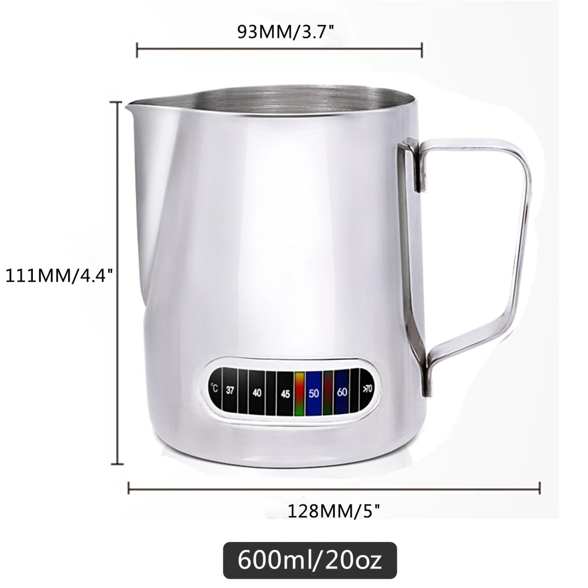 Stainless steel milk pitcher with measurement markings on a white background
