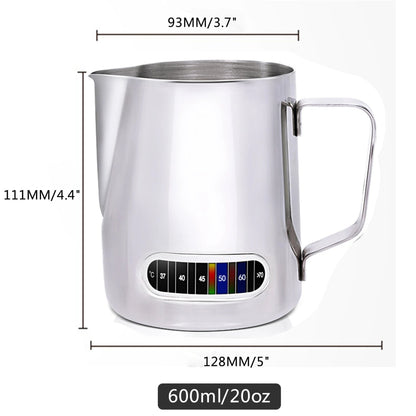 Stainless steel milk pitcher with measurement markings on a white background
