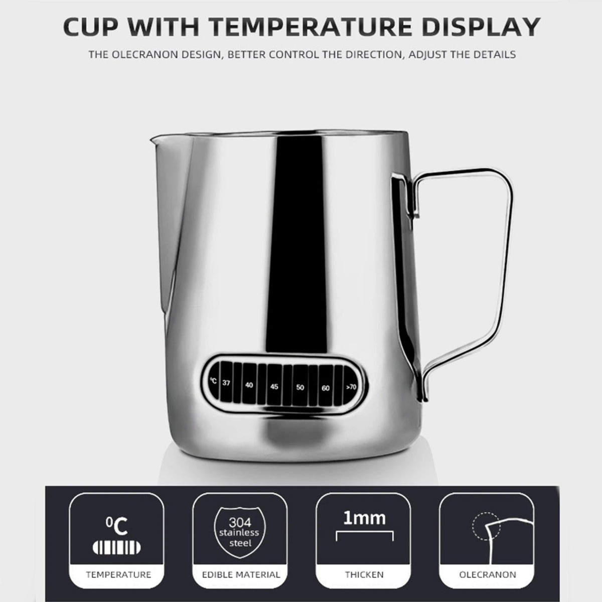 Stainless steel milk frothing pitcher with temperature display on a white background