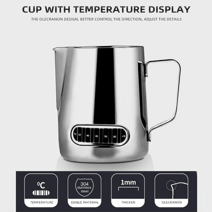Stainless steel milk frothing pitcher with temperature display on a white background