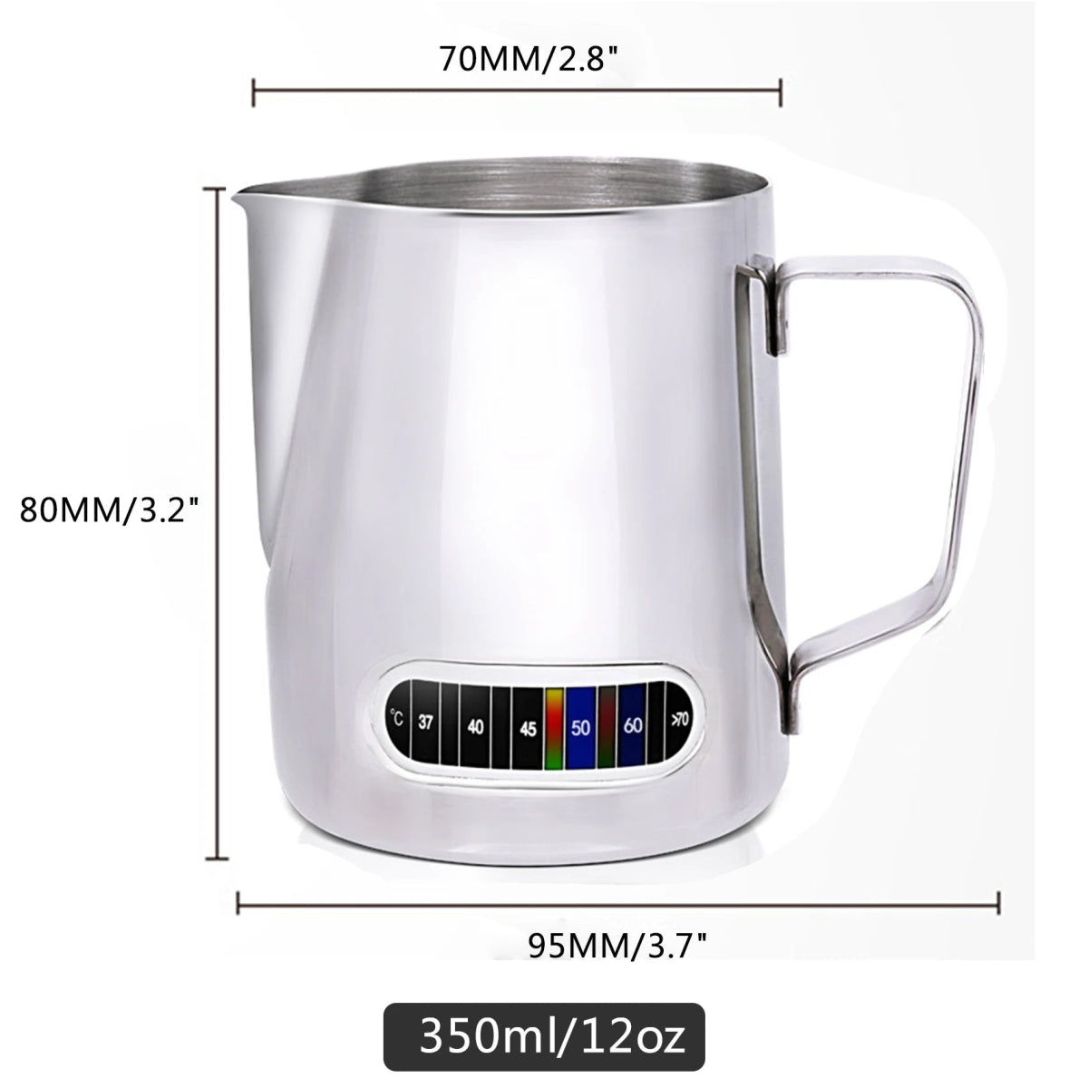 Stainless steel milk pitcher with measurement markings on a white background