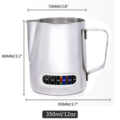 Stainless steel milk pitcher with measurement markings on a white background