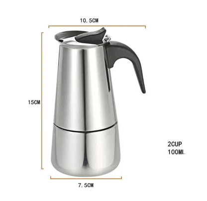 Stainless steel coffee maker with dimensions on a white background