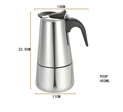 Stainless steel espresso maker with dimensions on a white background