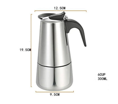Stainless steel coffee maker with dimensions on a white background