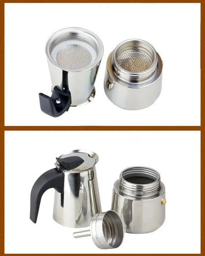 Metal coffee maker parts on a white background
