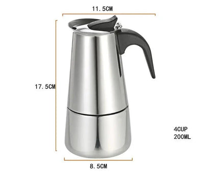 Stainless steel espresso maker with dimensions on a white background