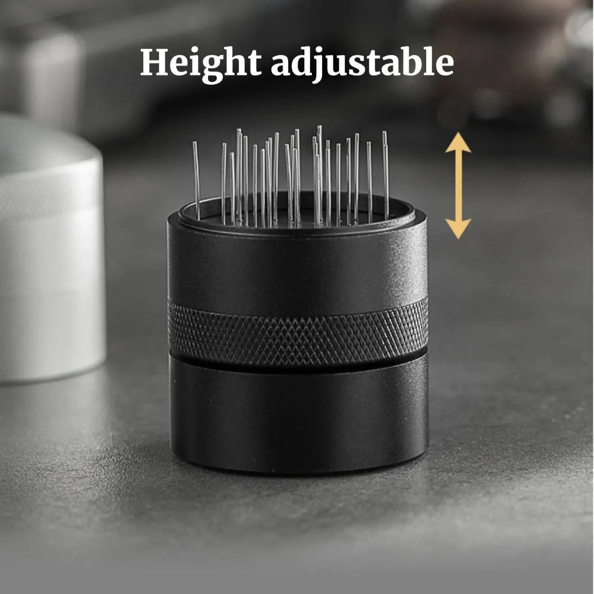 Black height-adjustable tool on a gray surface with text indicating adjustability.