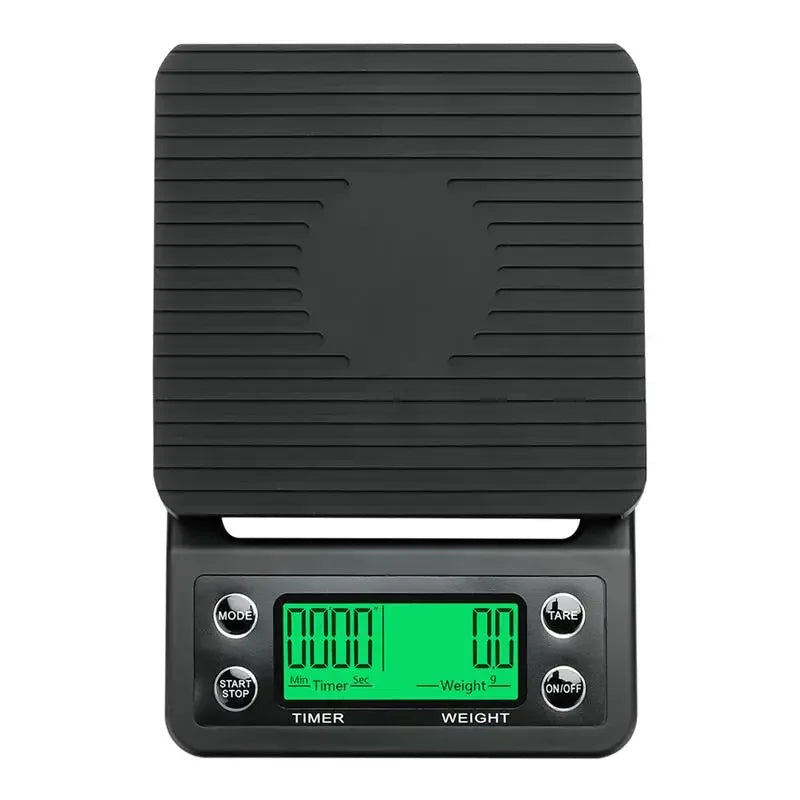 Black digital scale with green display on a white background
