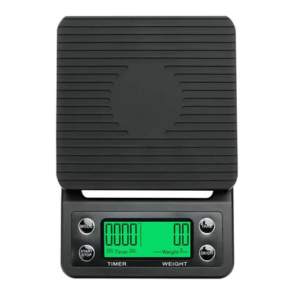 Black digital scale with green display on a white background