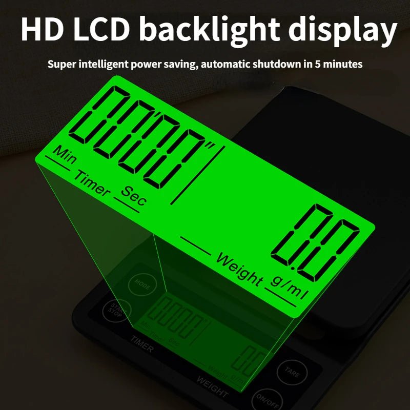 Digital scale with green LCD display on a dark background