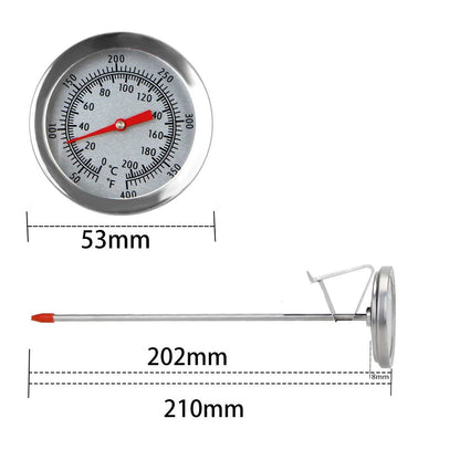 Bimetallic thermometer with dimensions labeled on a white background