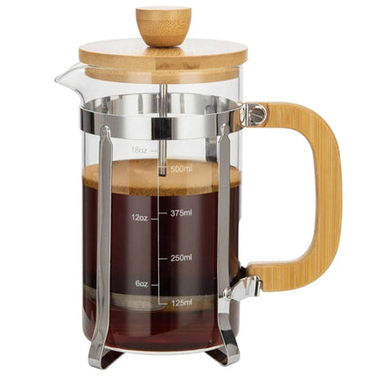French press coffee maker with wooden lid and handle on a white background