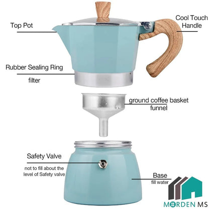 Teal coffee maker with labeled parts on a white background